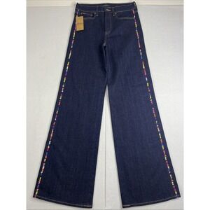 Polo Ralph Lauren Womens Wide Leg Rainbow Stitch Denim Jeans 28x34 Dark Wash NEW